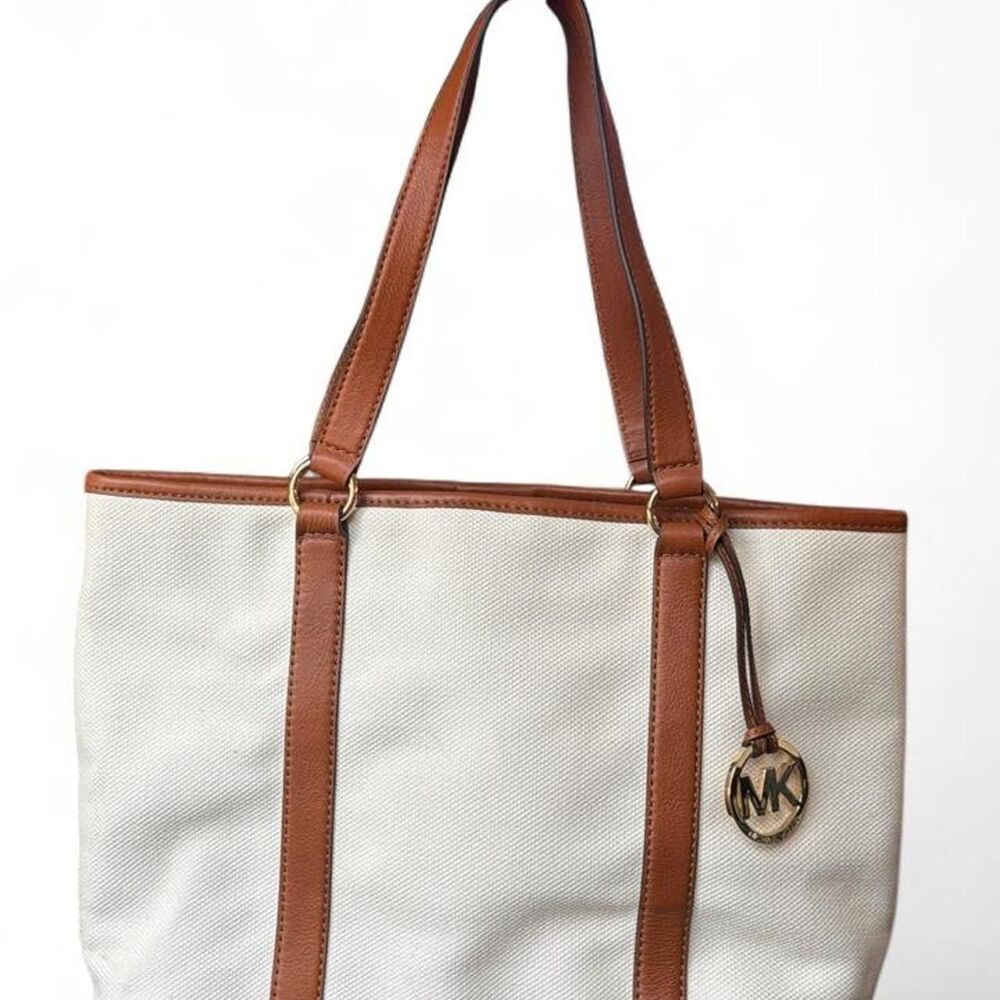 Michael Kors Jet Set Ivory Canvas Brown Leather Trim Tote Bag MK Charm